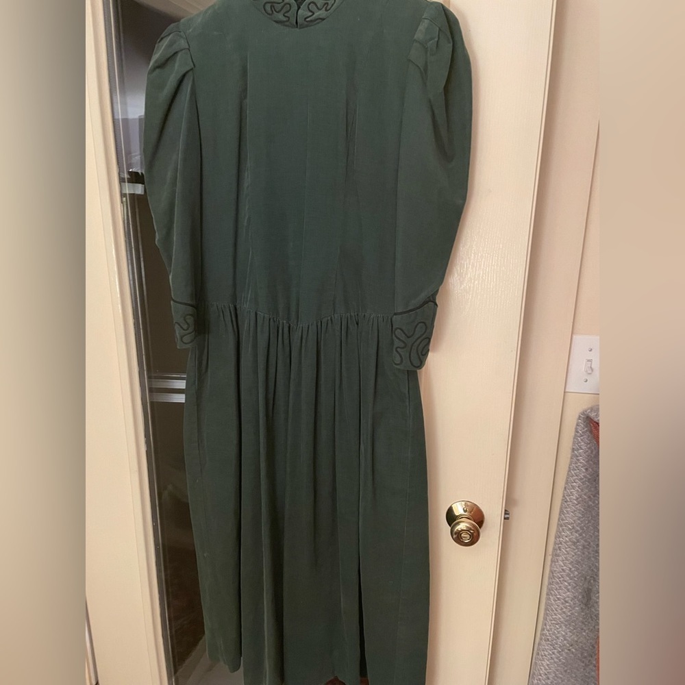 Ladies green cotton fine wale corduroy dress.